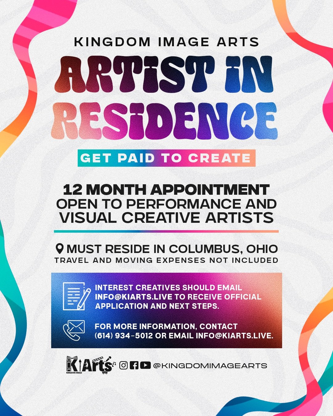 Kingdom Image Arts Artist in Residence, a paid 12-month appointment for performance and visual artists who reside in Columbus, Ohio. Email info@kiarts.live to apply.